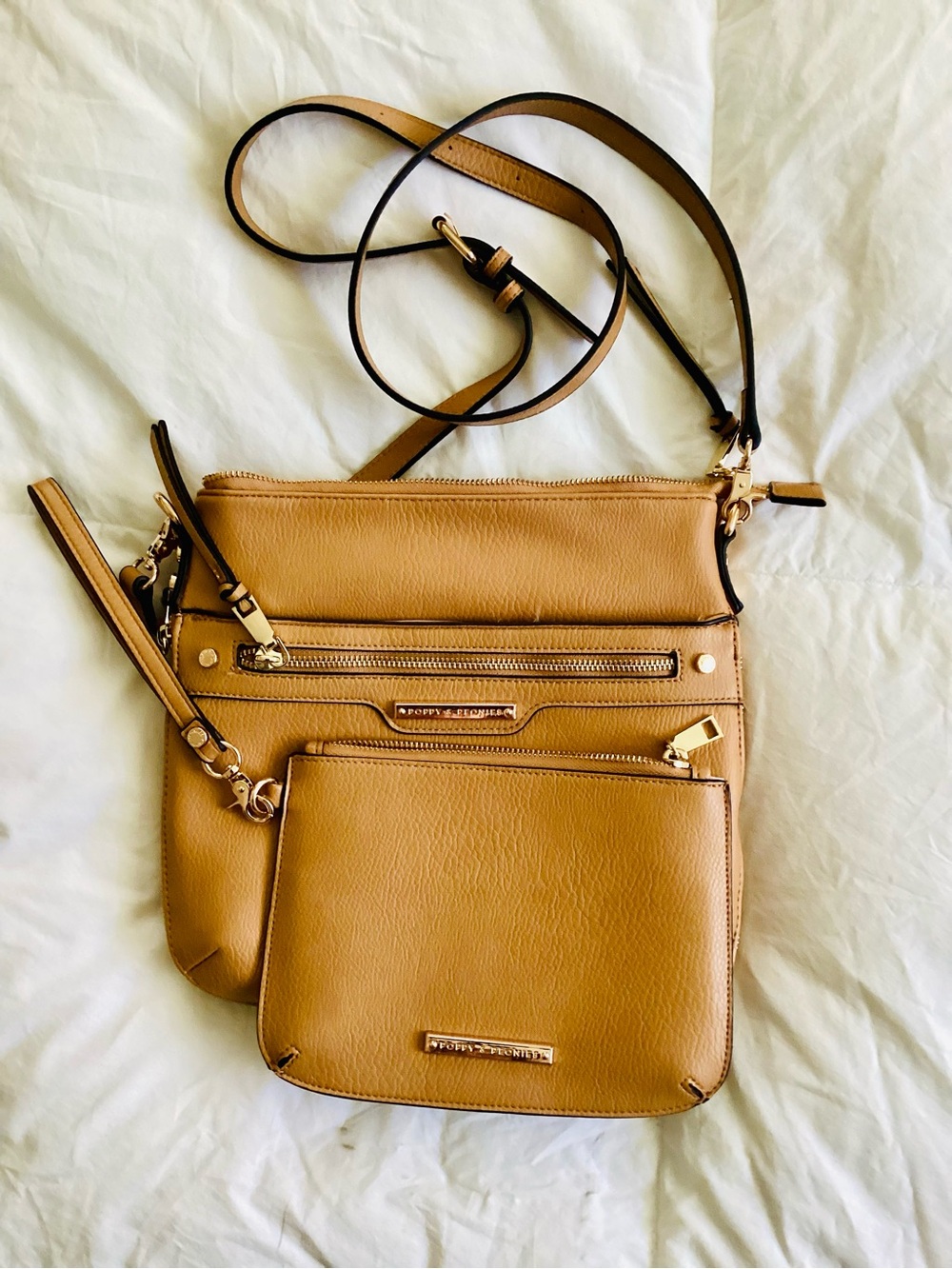 Poppy & Peonies Vegan Leather Camel Crossbody Bag with Removable Pouch